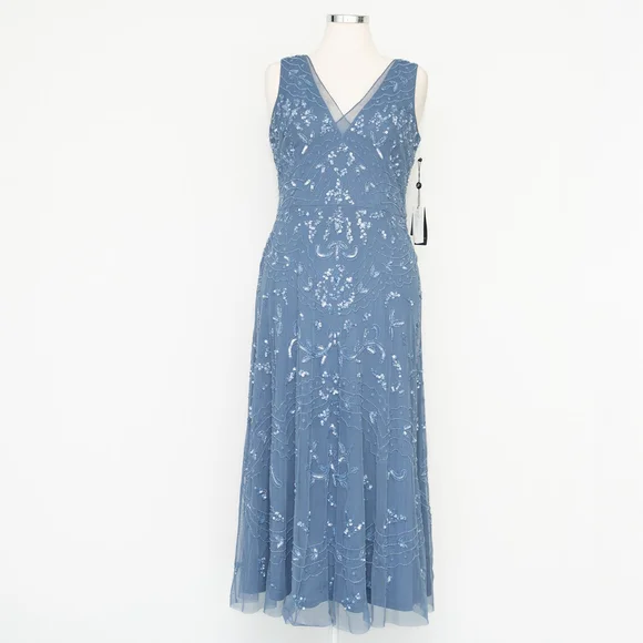 hand-beaded ankle-length dress in french blue Adrianna Papell Flutter Sleeve Beaded Gown